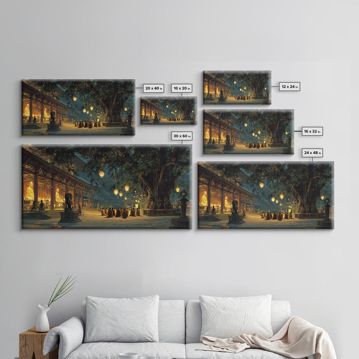 Serene Buddhist Monks Meditating Under Ancient Tree At Temple Warm Glowing Lights Wall Art Framed Canvas Print For Spiritual Home Decor
