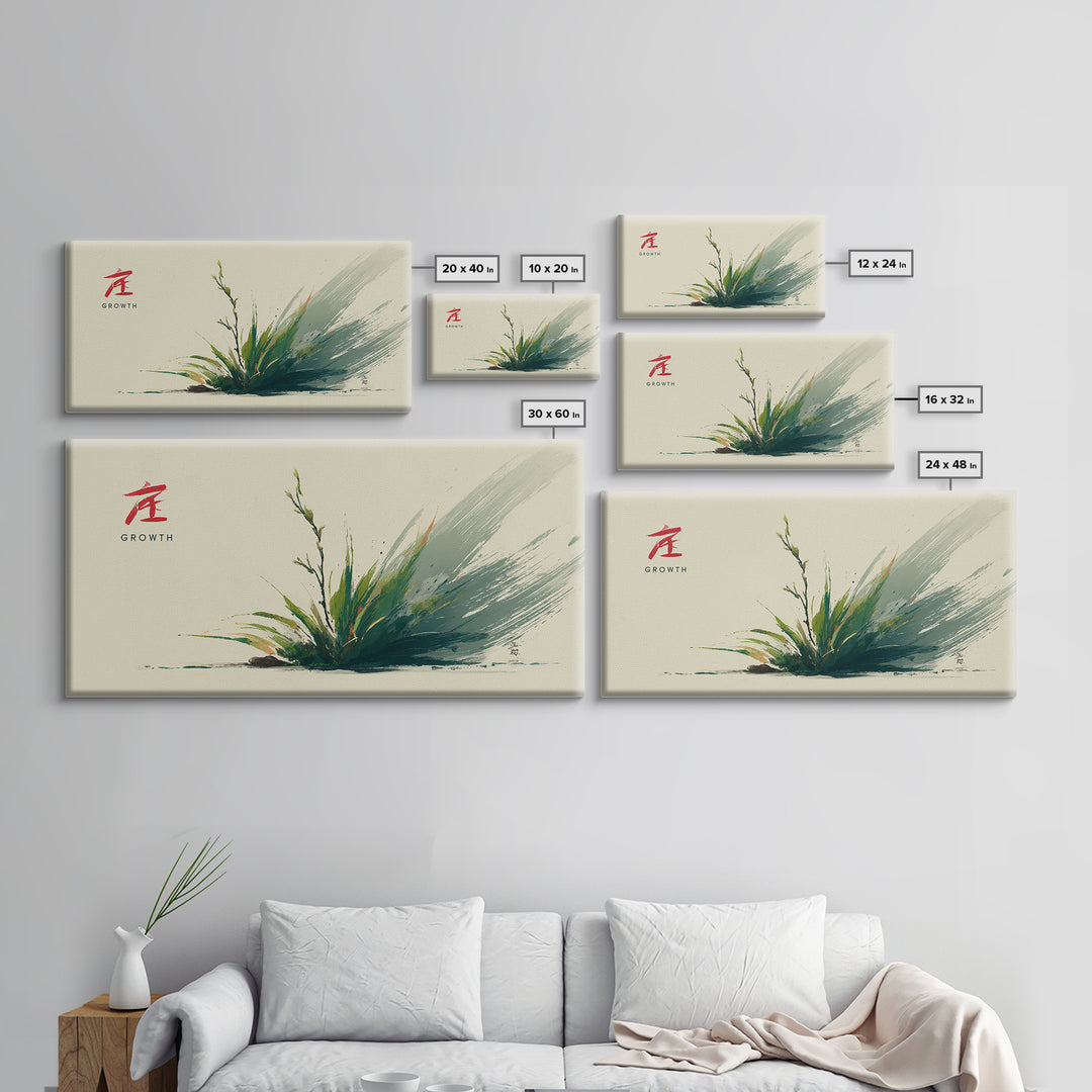 Serene Minimalist Growth Plant Ink Brush Stroke Art With Asian Inspired Calligraphy Wall Art