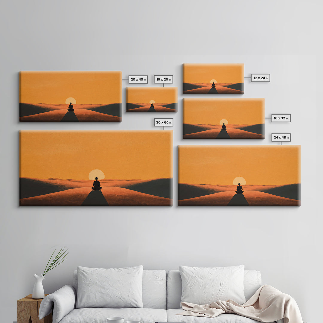 Meditative Silhouette On Warm Sunset Dunes Minimalist Wall Art Canvas Print For Relaxing Home Décor
