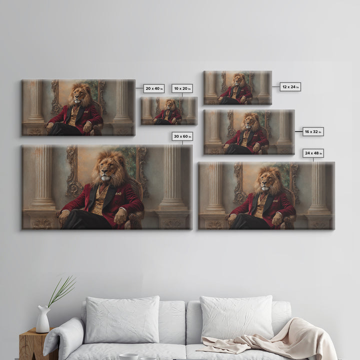 Lion King In Red Velvet Suit Canvas Print, Regal Animal Wall Art, Victorian Portrait, Masculine Office Decor, Gift For Him