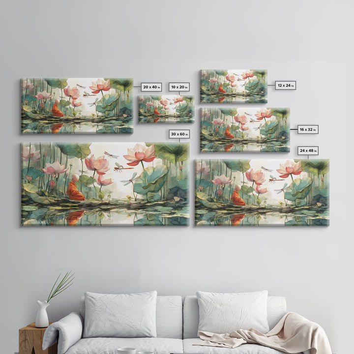 Serene Meditating Monk Among Lotus Flowers And Dragonflies Wall Art Beautiful Calm Nature Scene Framed Canvas Print