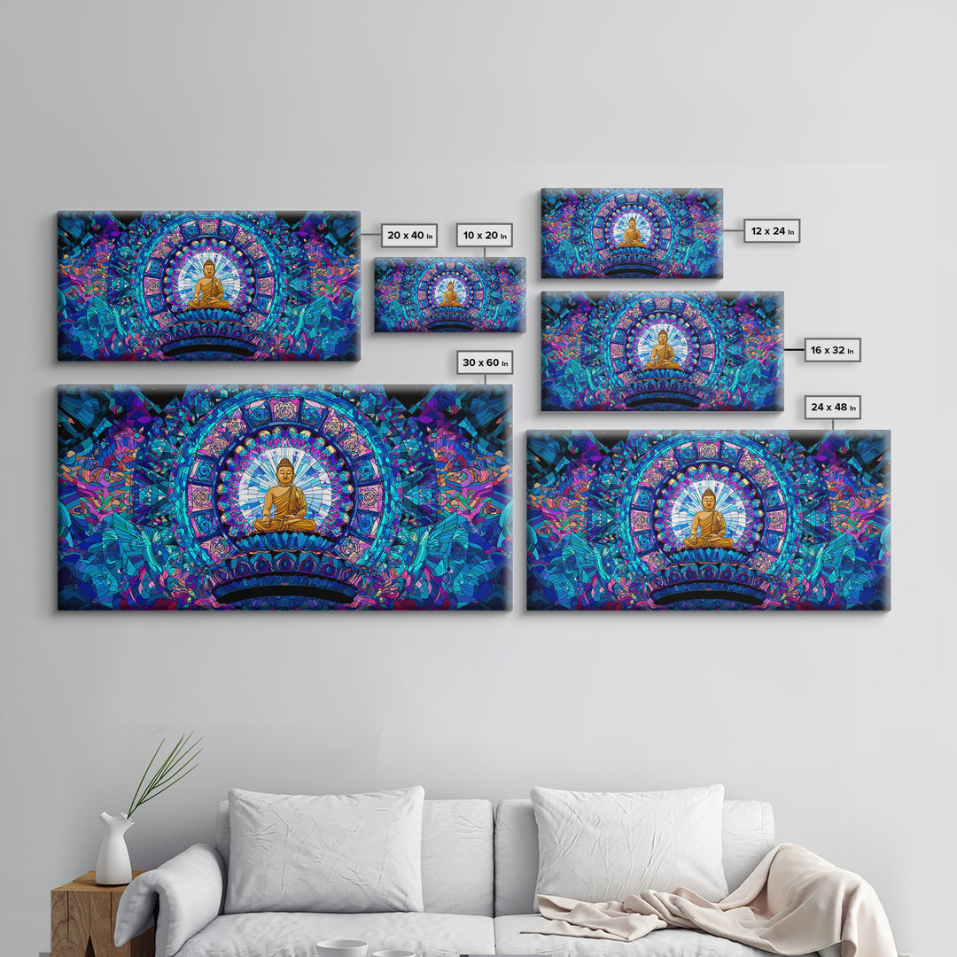 Stained Glass Style Blue Buddha Meditation Wall Art Framed Canvas Print For Spa Decor And Spiritual Home Decor