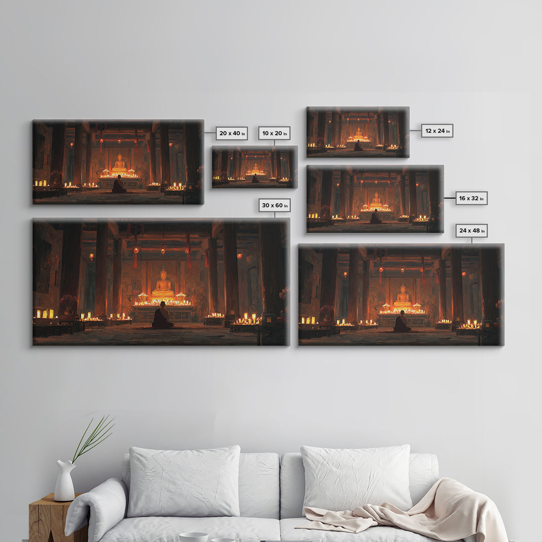 Serene Buddha Meditation In Candlelit Temple Painting Wall Art Home Spiritual Canvas Print Zen Decor