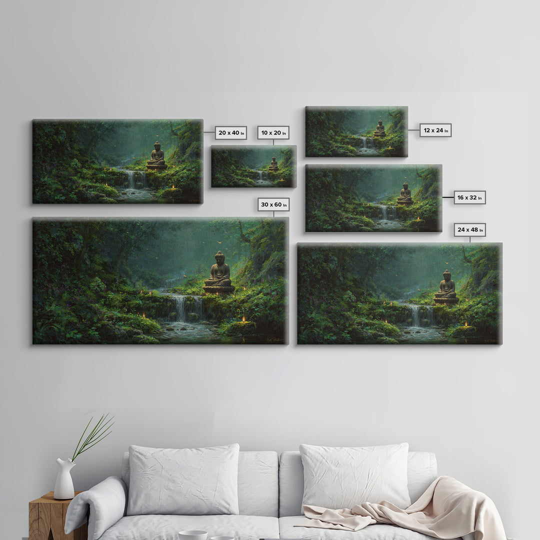 Serene Buddha Statue Waterfall Forest Scene Tranquil Landscape Wall Art Framed Canvas Print To Create Zen Home Decor Or Meditation Room