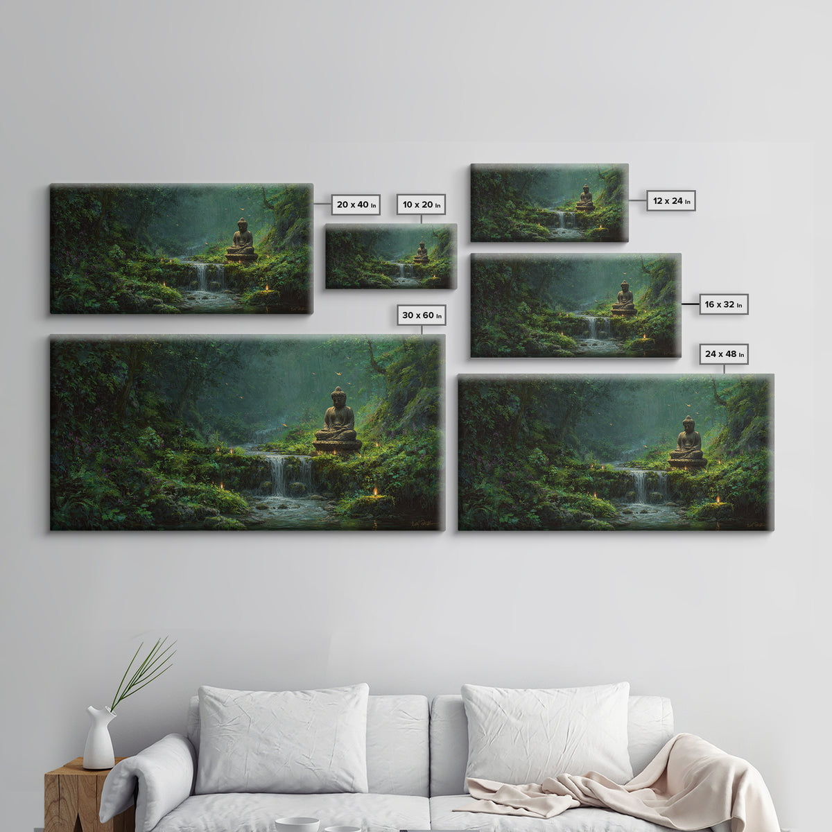 Serene Buddha Statue Waterfall Forest Scene Tranquil Landscape Wall Art Framed Canvas Print To Create Zen Home Decor Or Meditation Room
