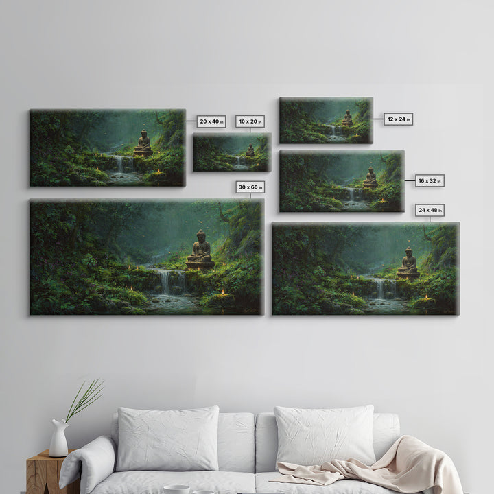 Serene Buddha Statue Waterfall Forest Scene Tranquil Landscape Wall Art Framed Canvas Print To Create Zen Home Decor Or Meditation Room