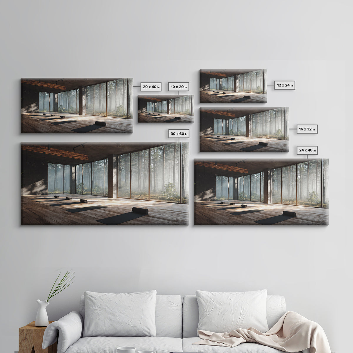Peaceful Yoga Studio Interior With Forest View Wall Art Canvas Print Modern Office Decor Tranquil Space