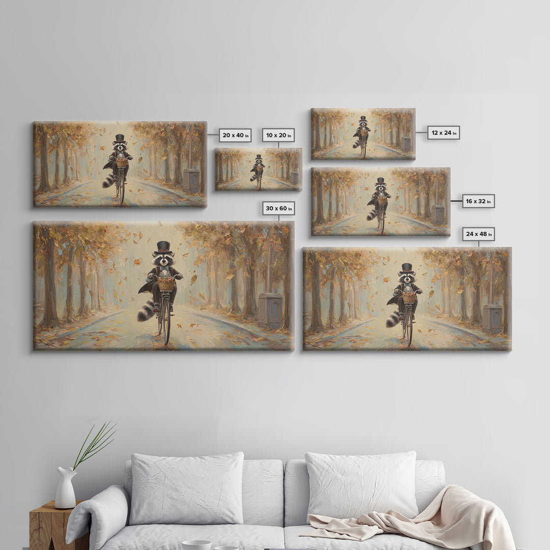 Whimsical Raccoon Riding Bicycle Canvas Print, Autumn Wall Art, Cute Animal Art, Kids Room Decor, Nursery Wall Art, Gift