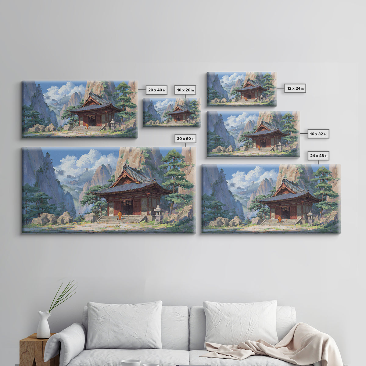Peaceful Buddhist Temple Amid Mountains With Morning Mist Landscape Wall Art, Original Artwork Framed Canvas Print, Zen Decor