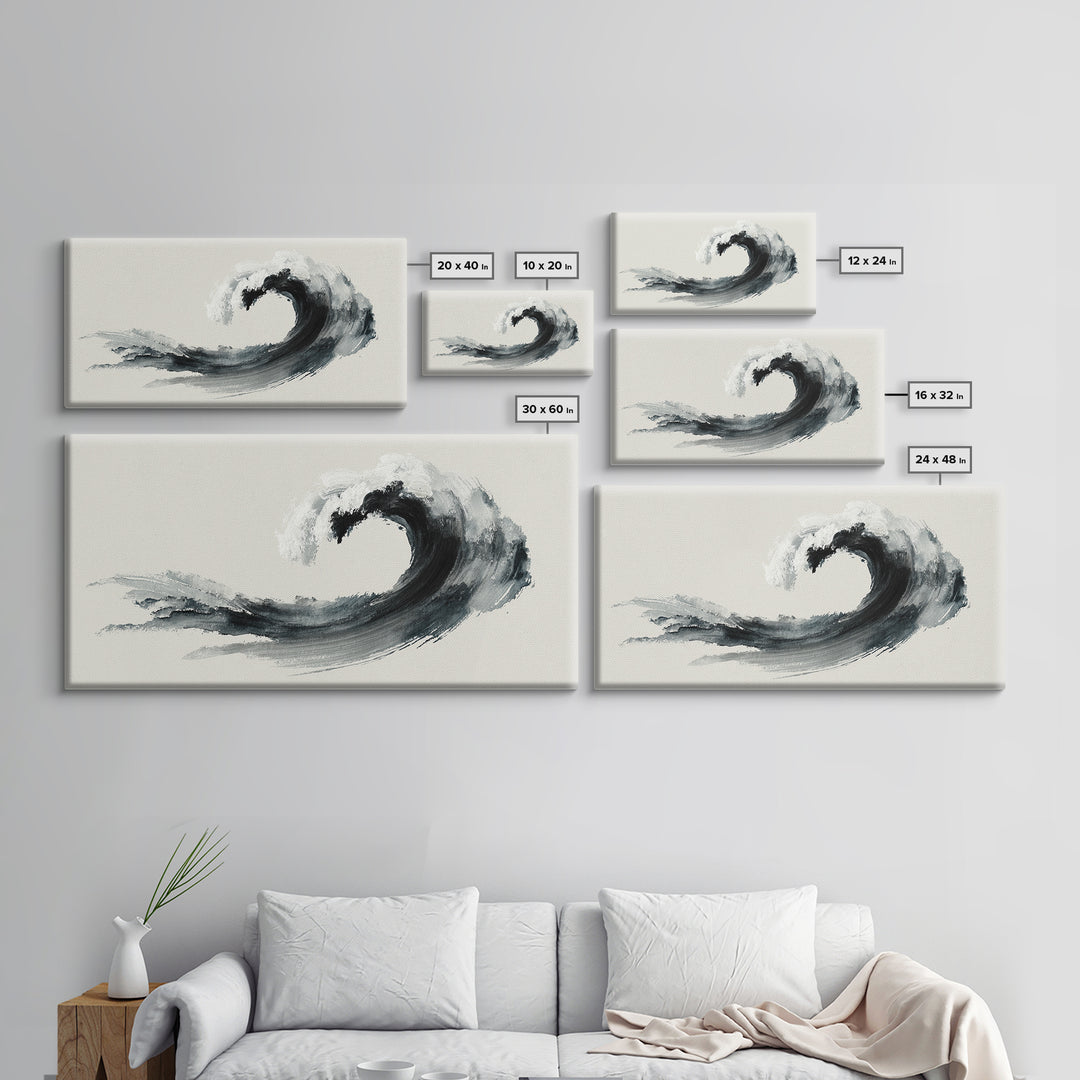 Japanese Ink Painting Black Wave Minimalist Brush Stroke Abstract Art Wall Art Framed Canvas Print For Modern Living Room Decor