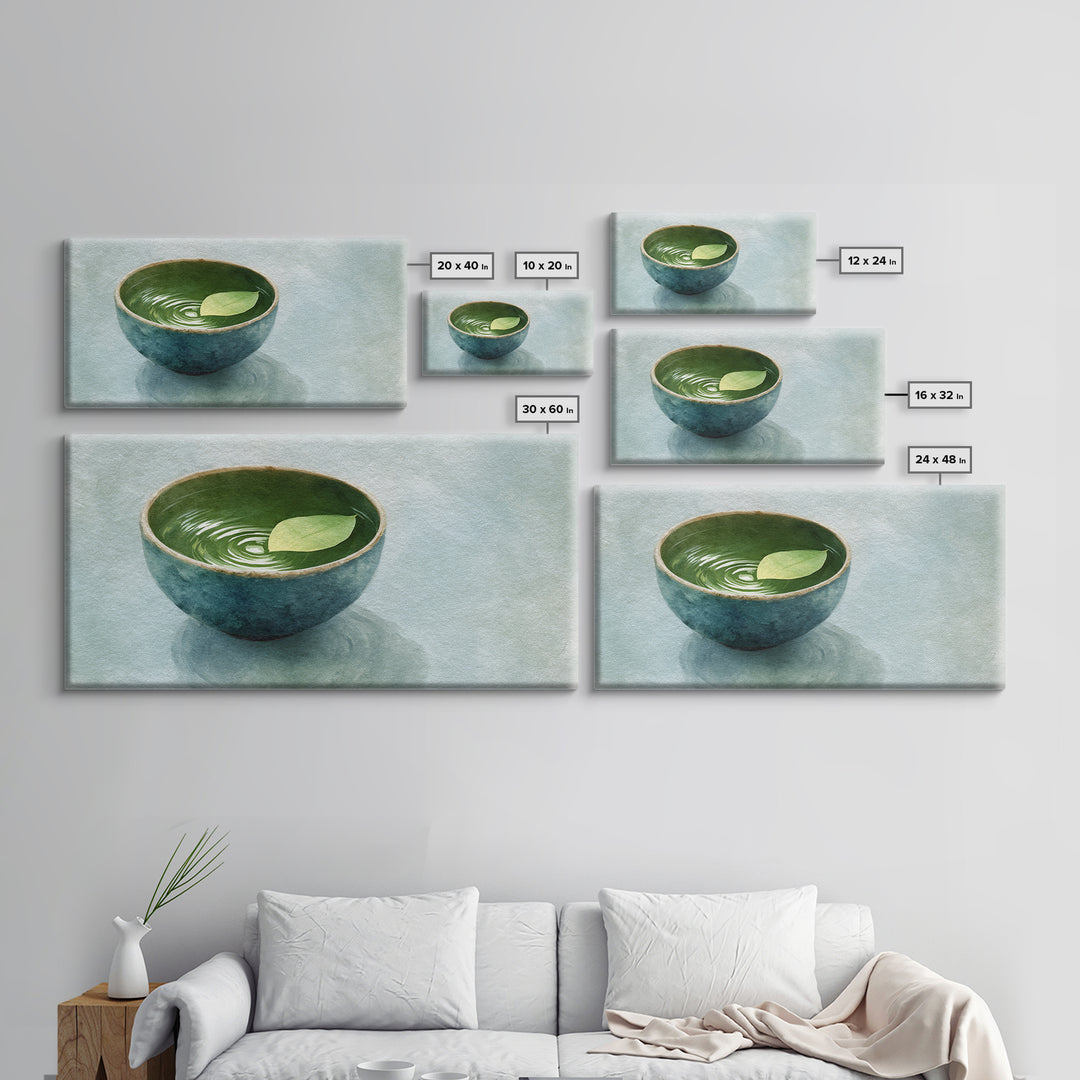 Minimalist Ceramic Bowl With Leaf Floating On Water Art Print For Zen Home Decor Framed Canvas Print