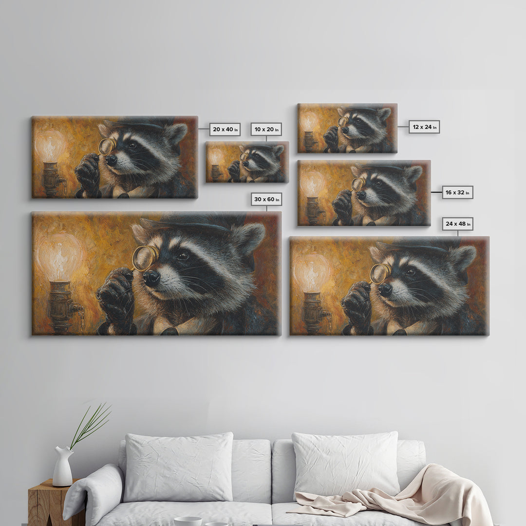 Raccoon Detective With Magnifying Glass Canvas Print, Whimsical Animal Wall Art, Steampunk Decor, Quirky Office Art, Gift