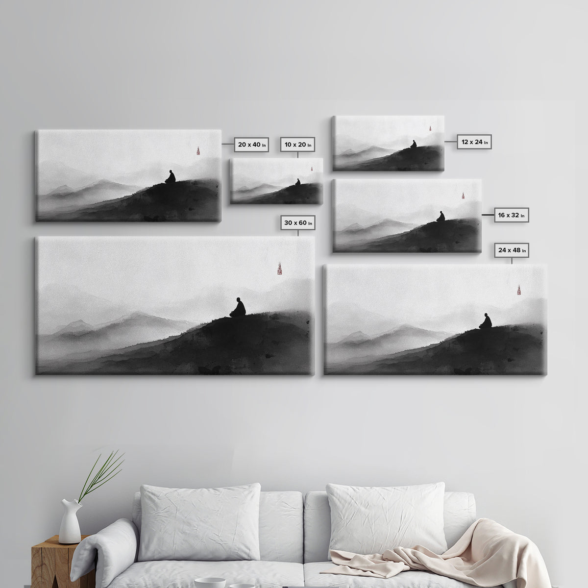 Peaceful Black And White Zen Mountain Meditation Wall Art Framed Canvas Print Spiritual Decor