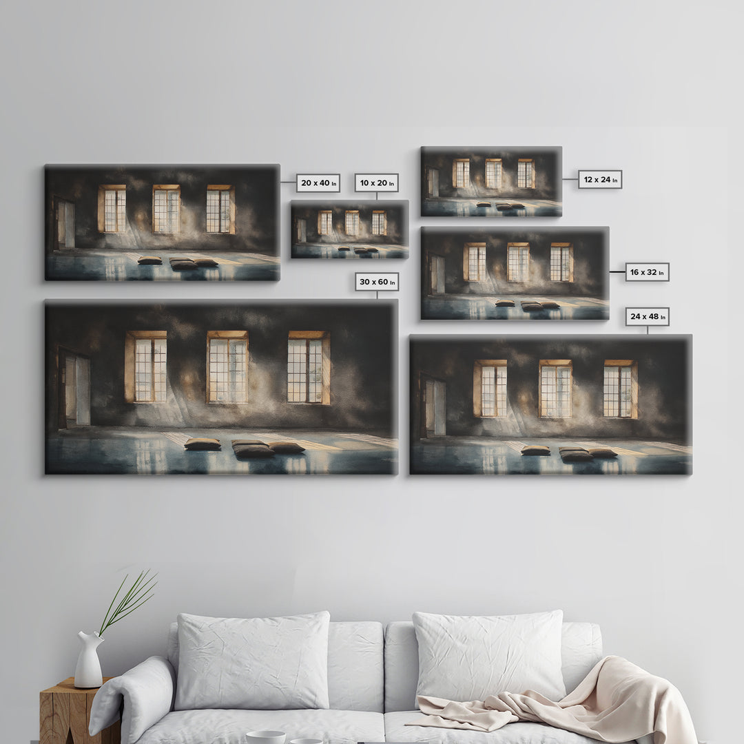 Sunlit Empty Room With Cushions And Large Windows Oil Painting Canvas Print Moody Wall Art For Minimalist Office Decor