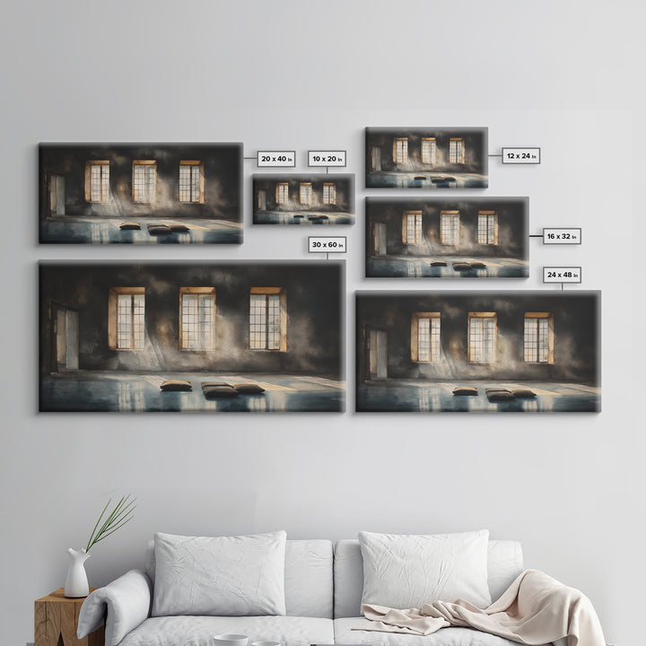 Sunlit Empty Room With Cushions And Large Windows Oil Painting Canvas Print Moody Wall Art For Minimalist Office Decor