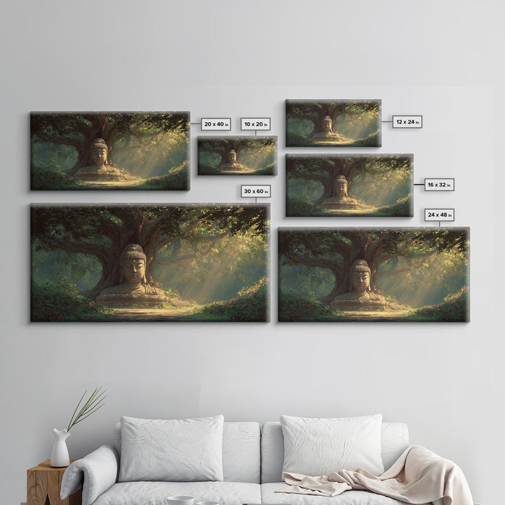 Serene Buddha Statue In Lush Forest Meditation Wall Art Framed Canvas Print For Zen Home Decor And Spiritual Wall Decor
