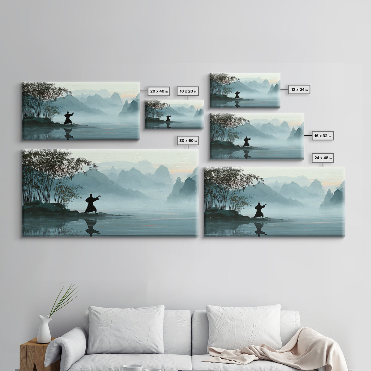 Serene Landscape With Taiji Practitioner By Water Misty Mountains Background Canvas Print Modern Wall Art Home Decor