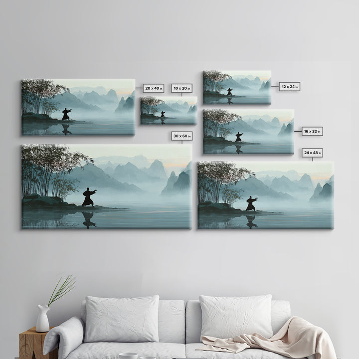Serene Landscape With Taiji Practitioner By Water Misty Mountains Background Canvas Print Modern Wall Art Home Decor