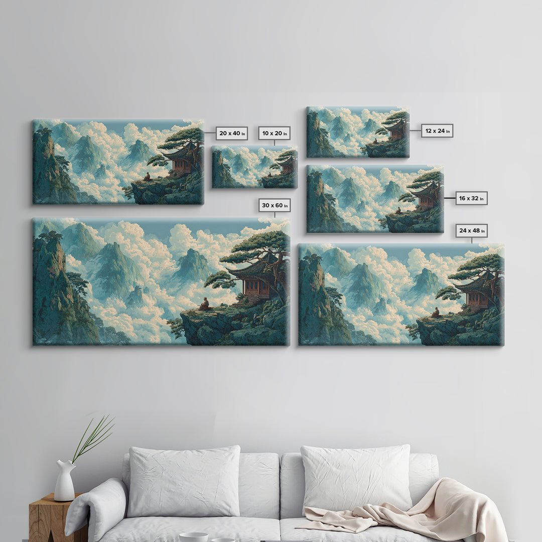Serene Asian Landscape With Meditating Monk On Cliff Wall Art Modern Wall Decor Framed Canvas Print For Zen Living Room