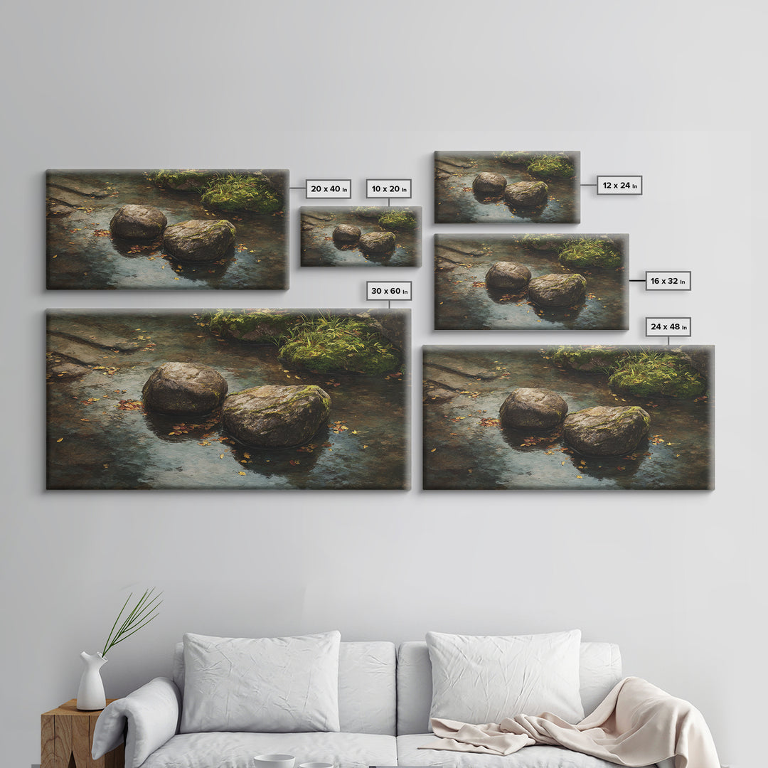 Close Up Nature Landscape Painting With Stream And Rocks Canvas Print Wall Art For Rustic Farmhouse Home Decor