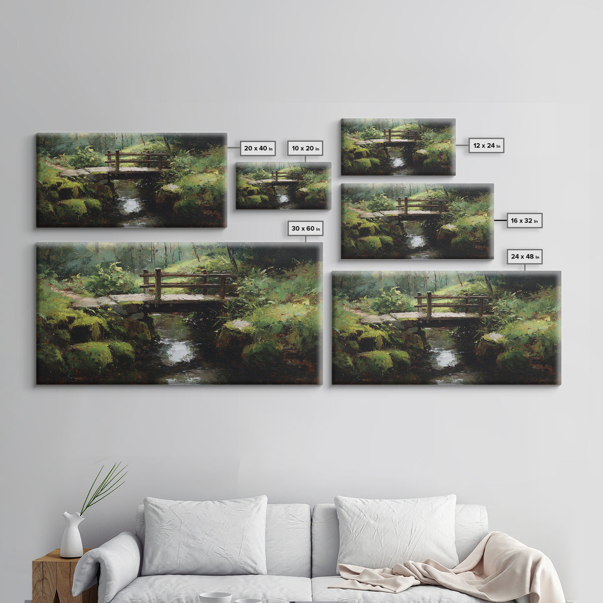 Nature Trail With Wooden Bridge Over Stream Forest Waterfall Landscape Painting Canvas Print Wall Art