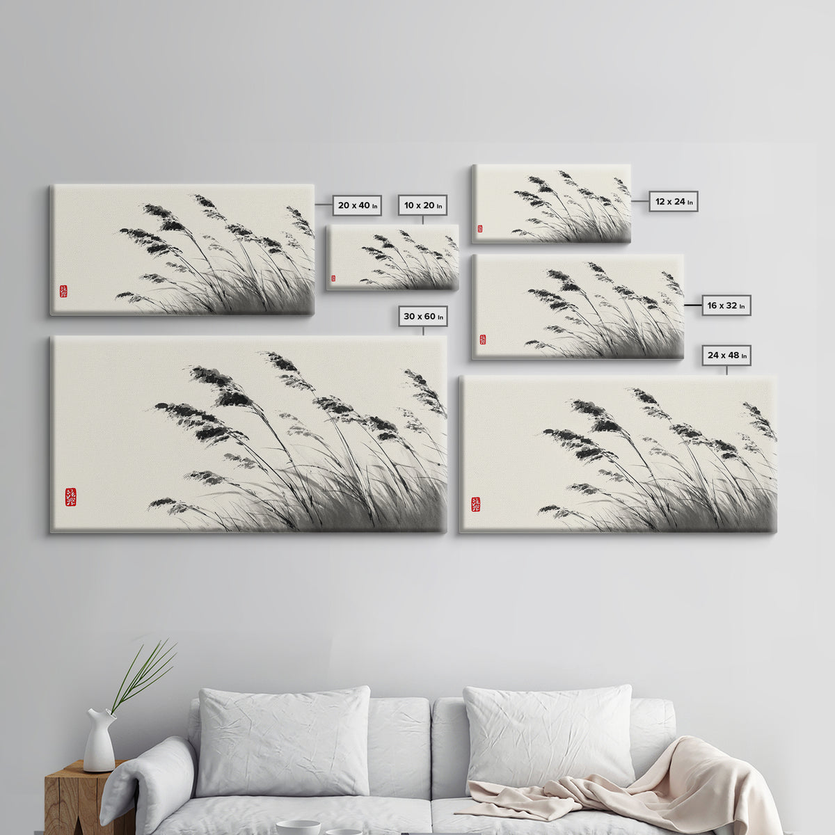 Elegant Monochrome Ink Brush Painting Of Swaying Grasses Minimalist Wall Art Canvas Print For Calm And Serene Home Decor