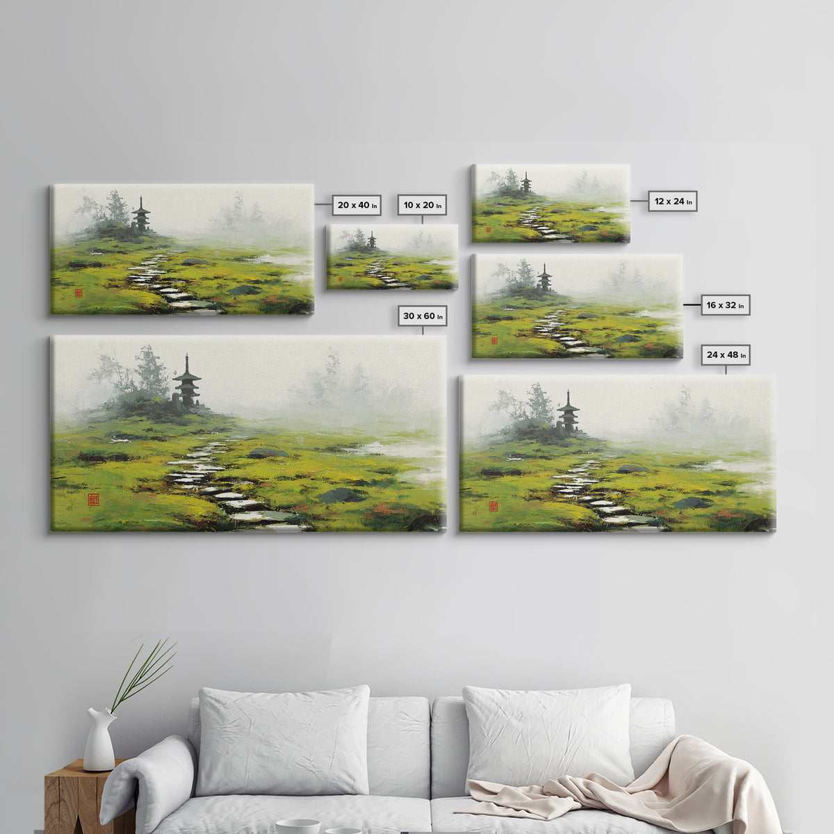 Peaceful Green Japanese Garden Landscape With Pagoda Foggy Morning Wall Art Fine Art Print Framed Canvas Print For Japanese Wall Decor