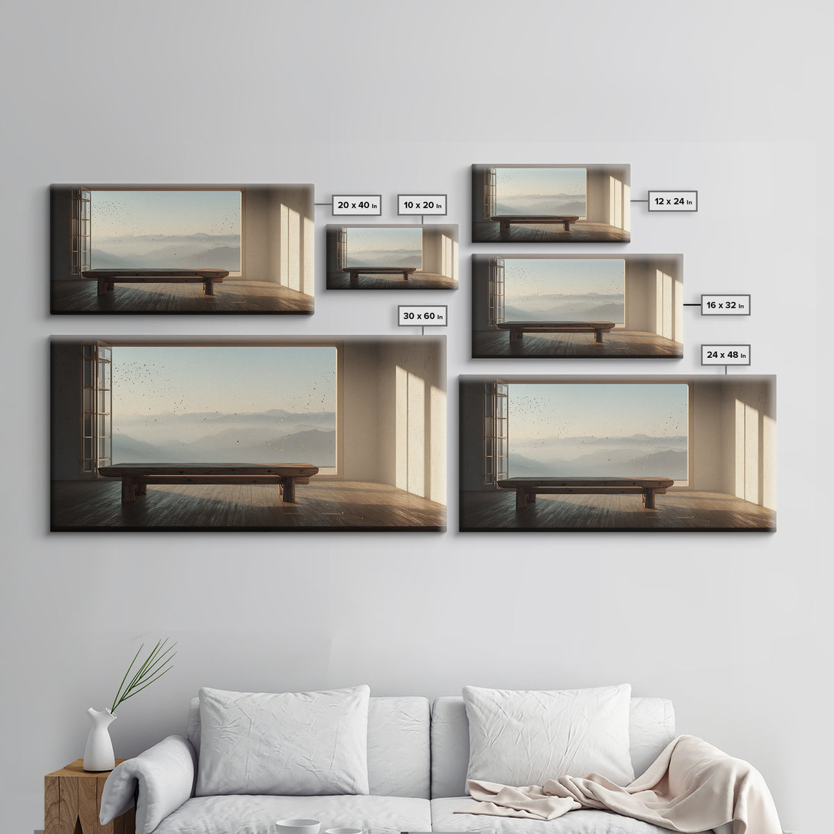 Serene Minimalist Room With Large Window Overlooking Mountain Landscape Zen Wall Art Canvas Print For Calm Living Room Decor Or Office Decoration