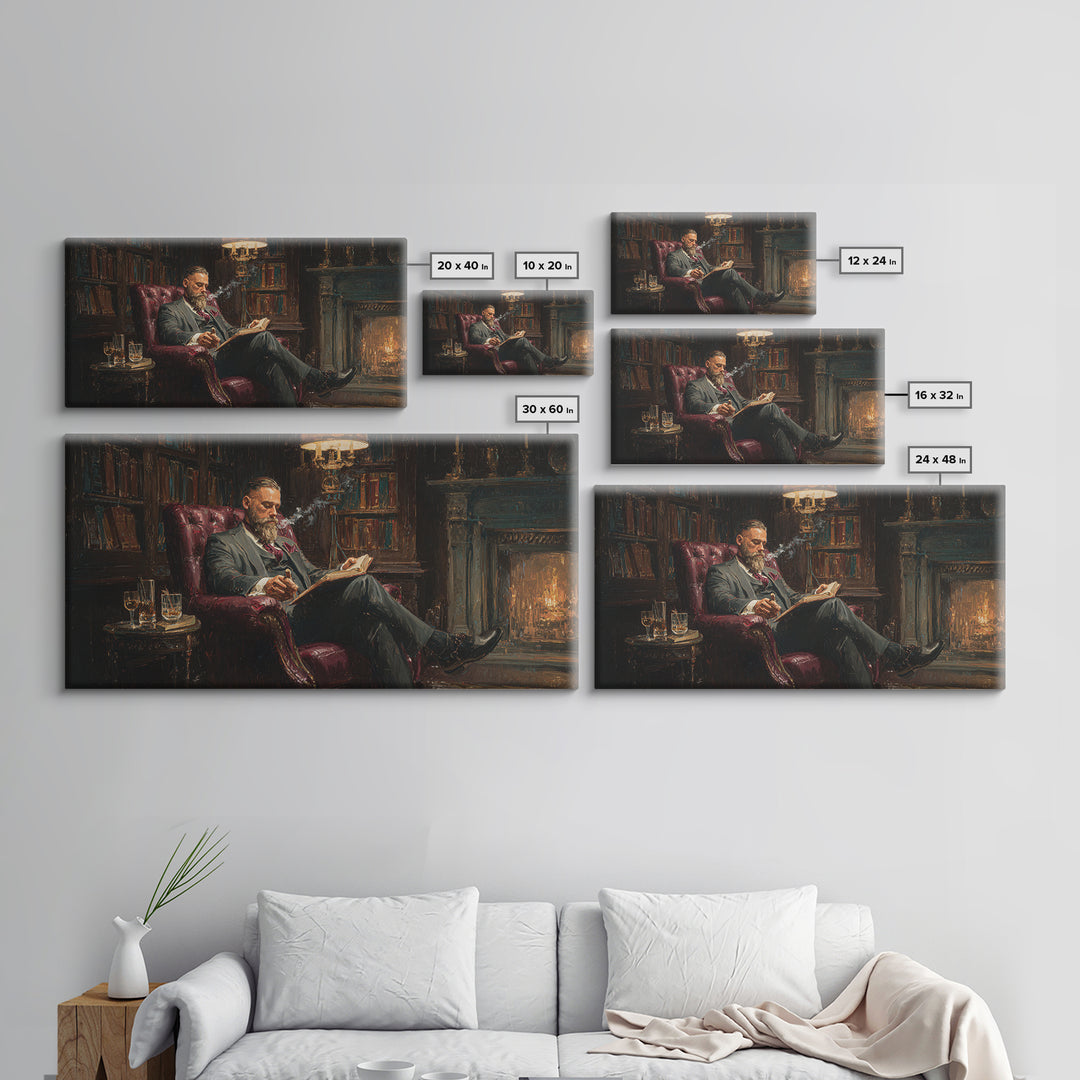 Bearded Man Reading By Fireplace Wall Art, Cozy Library Decor, Dark Academia Art, Book Lover Gift, Office Decor, Living Room Art