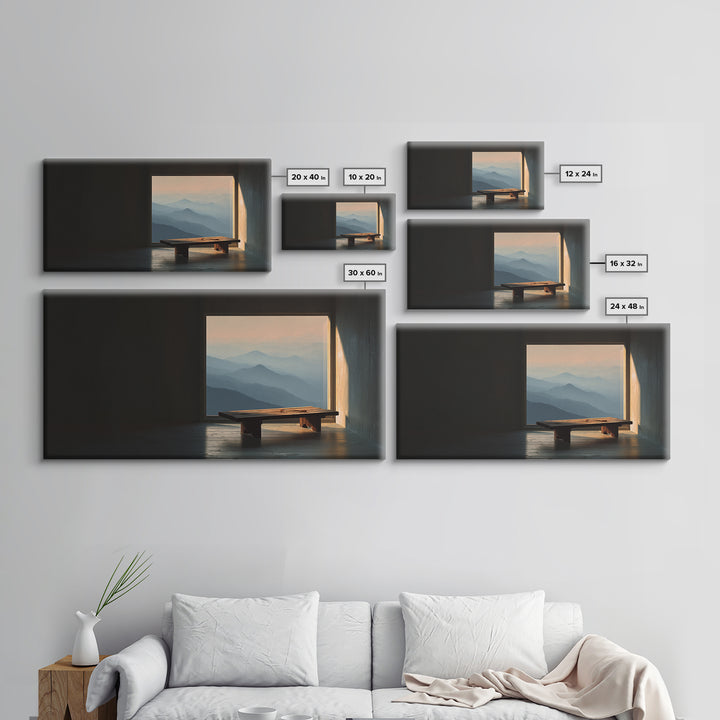 Serene Minimalist Interior With Mountain View Framed Canvas Print Home Decor Wall Art Living Room Decor Relaxing Art