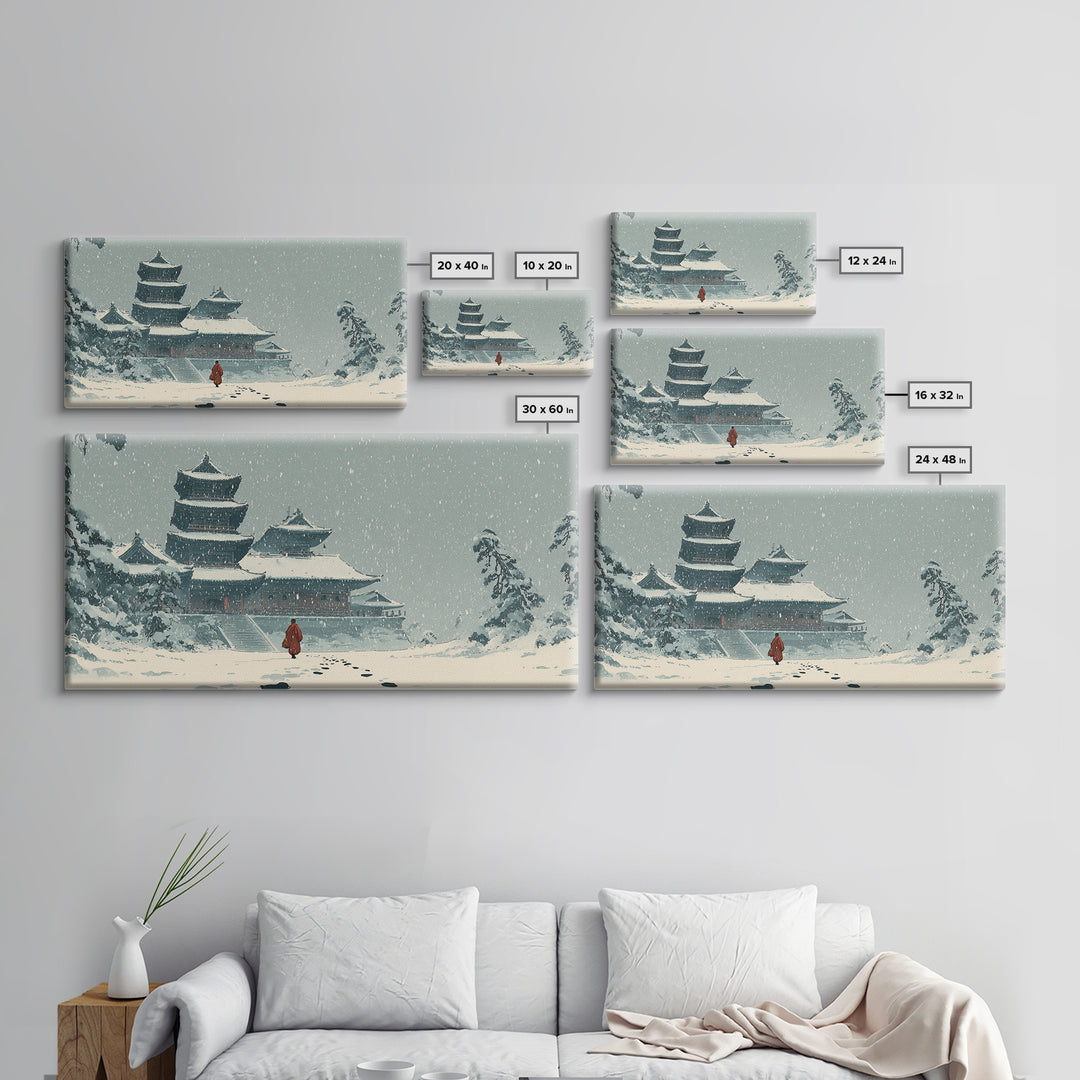 Snowy Temple Scene With Footprints In The Snow Winter Landscape Painting Framed Canvas Print