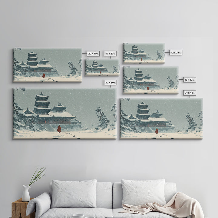 Snowy Temple Scene With Footprints In The Snow Winter Landscape Painting Framed Canvas Print