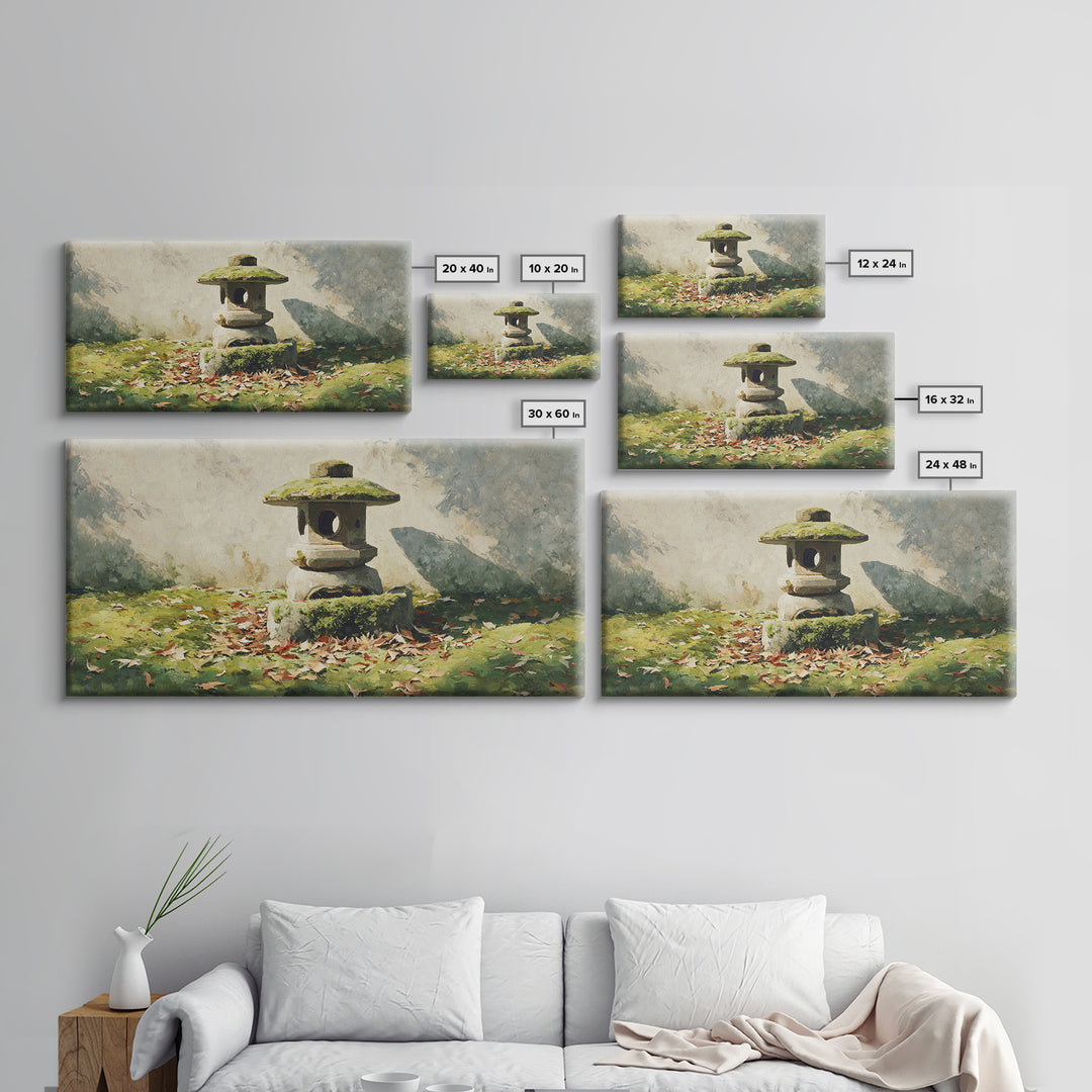 Classic Japanese Stone Lantern In Autumn Garden With Fallen Leaves Wall Art Traditional Asian Garden Canvas Print Framed