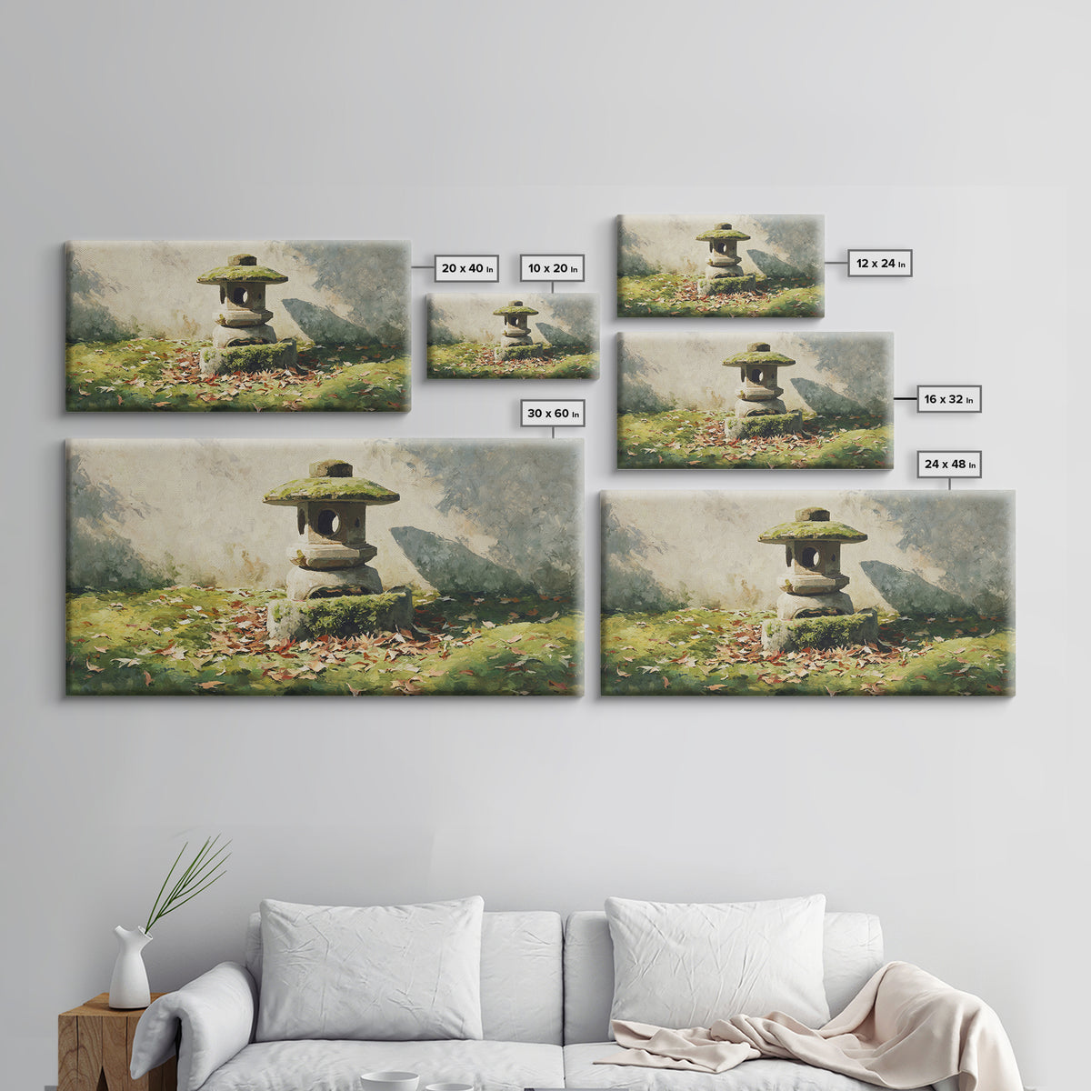 Classic Japanese Stone Lantern In Autumn Garden With Fallen Leaves Wall Art Traditional Asian Garden Canvas Print Framed