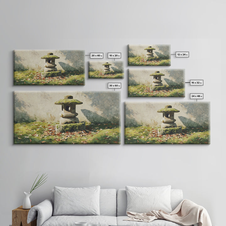 Classic Japanese Stone Lantern In Autumn Garden With Fallen Leaves Wall Art Traditional Asian Garden Canvas Print Framed