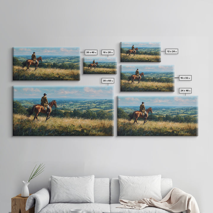 Horse Rider Countryside Landscape Wall Art, Equestrian Canvas Print, Rustic Farmhouse Decor, Horse Lover Gift, Living Room Decor