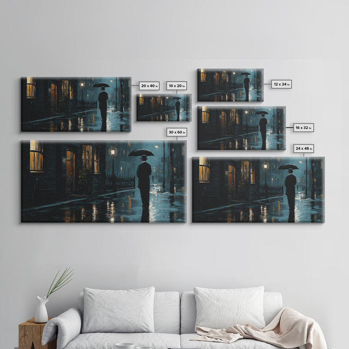 Rainy Noir City Street Wall Art, Blue Urban Night Canvas Print, Moody Office Decor, Dark Academia Living Room Print, Gift