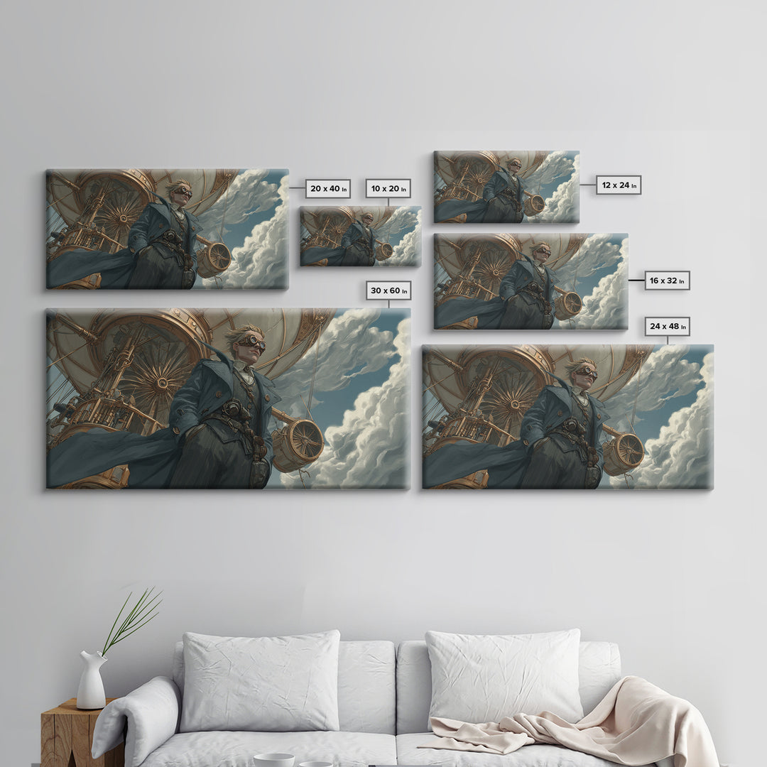 Steampunk Aviator In Blue Coat Canvas Print, Fantasy Wall Art, Industrial Airship Decor, Dramatic Office Art Gift For Him