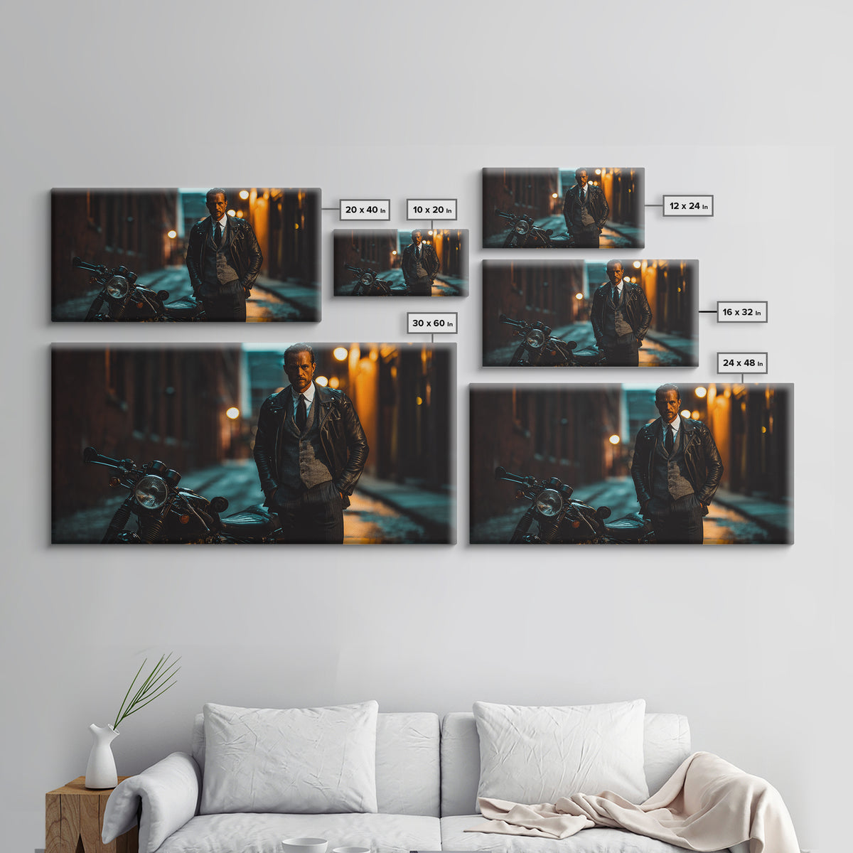 Moody Biker With Motorcycle In Rainy Alley Framed Canvas Print, Masculine Wall Art, Urban Wall Decor, Man Cave Gift For Him