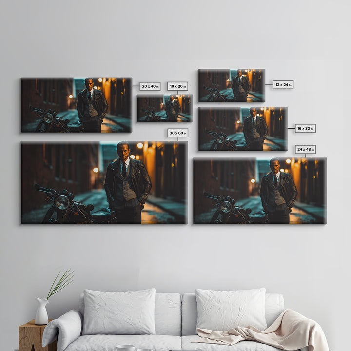 Moody Biker With Motorcycle In Rainy Alley Framed Canvas Print, Masculine Wall Art, Urban Wall Decor, Man Cave Gift For Him