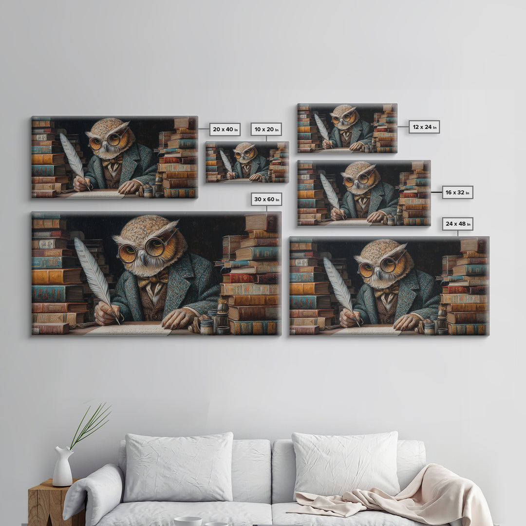 Scholarly Owl Writing Among Antique Books Framed Canvas Print, Whimsical Wall Art, Library Decor, Dark Academia, Bird Lover Gift