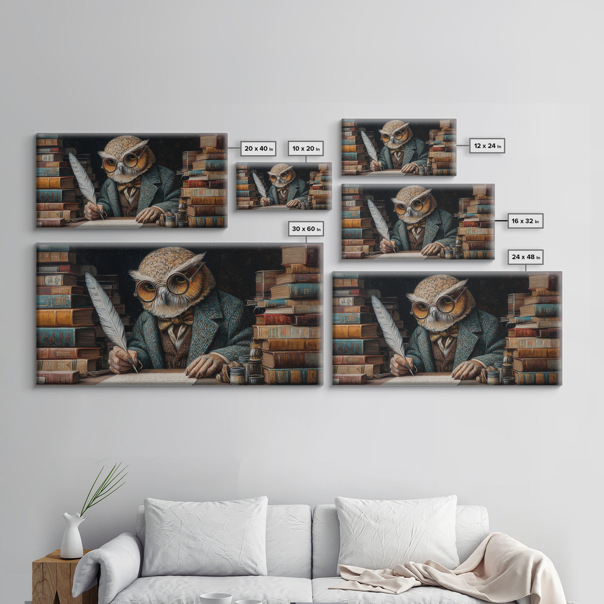 Scholarly Owl Writing Among Antique Books Framed Canvas Print, Whimsical Wall Art, Library Decor, Dark Academia, Bird Lover Gift