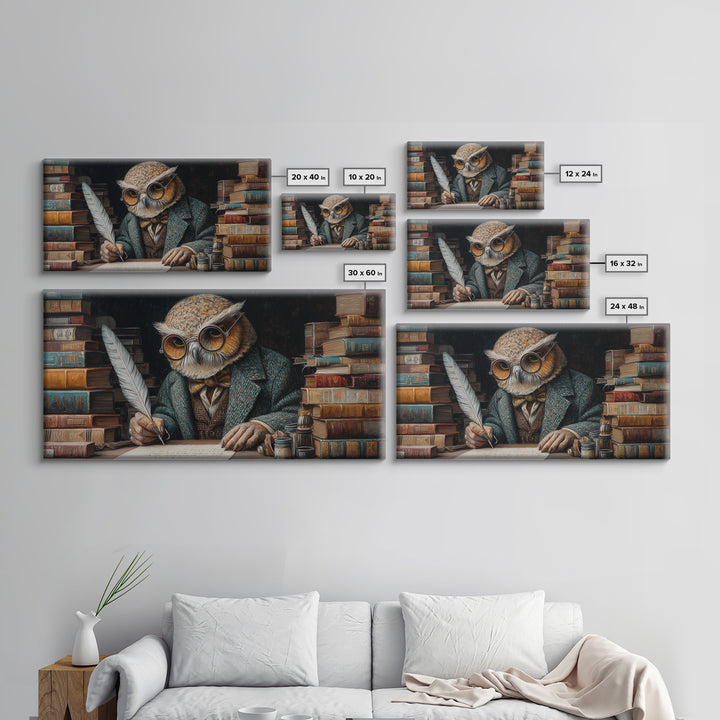 Scholarly Owl Writing Among Antique Books Framed Canvas Print, Whimsical Wall Art, Library Decor, Dark Academia, Bird Lover Gift