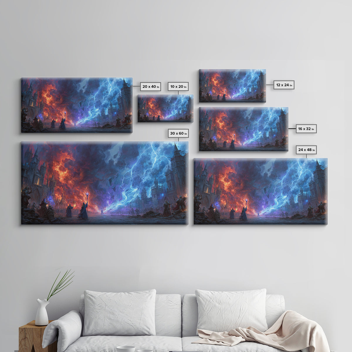 Epic Fire And Lightning Battle Wall Art, Dark Fantasy Art, Dragon Castle Scene, Gothic Wall Decor, Gaming Room Decor, Sci Fi Art
