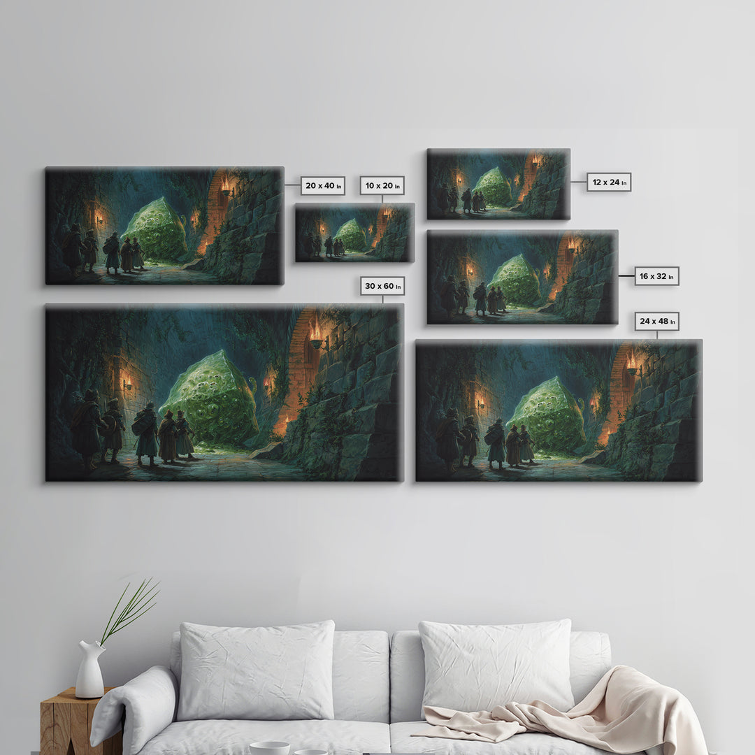 Adventurers Face A Green Slime Monster Canvas Print, Fantasy Art, Dungeon Wall Decor, Dnd Art Print, Gaming Room Decor, Gift