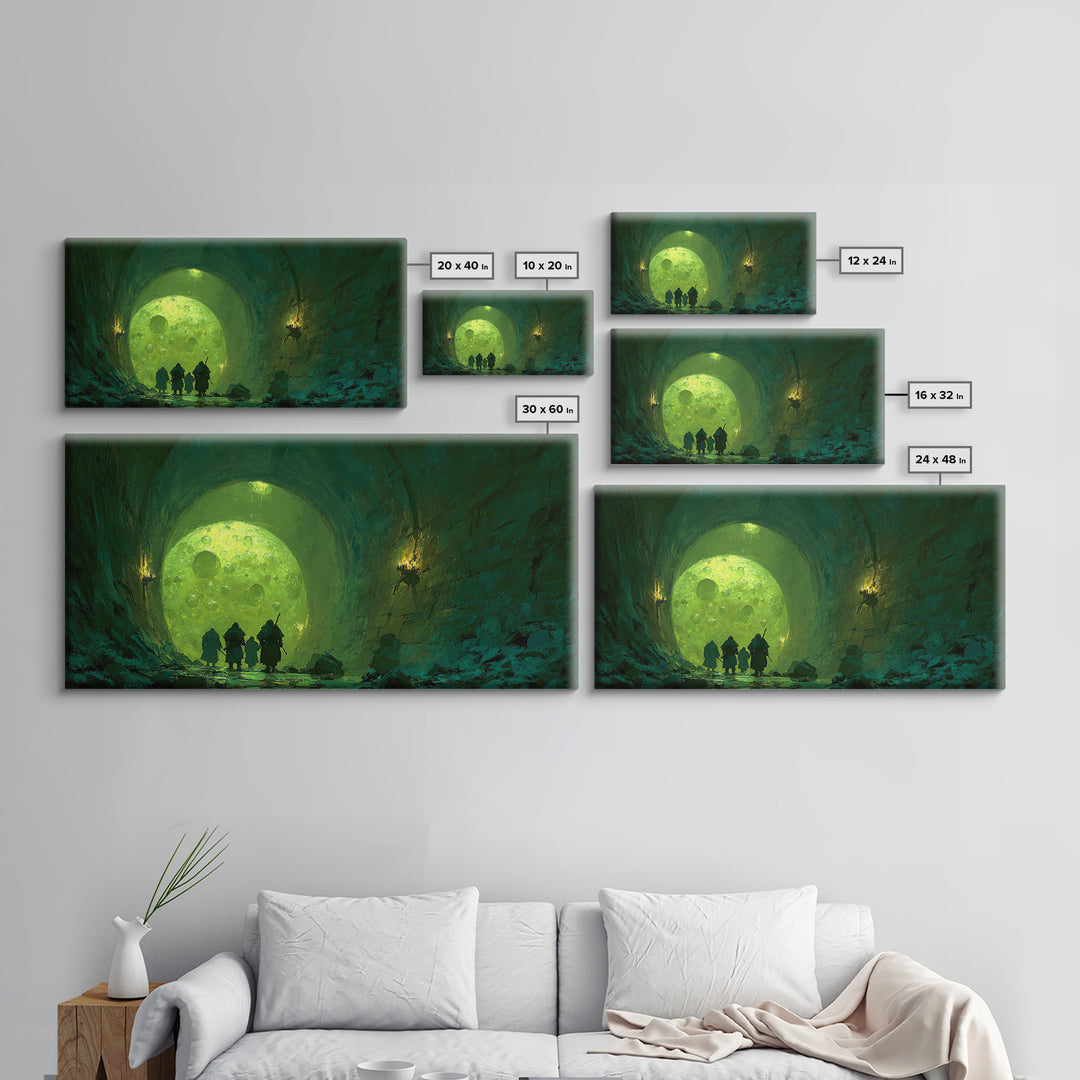 Glowing Green Moon Tunnel Wall Art, Dark Fantasy Landscape, Dungeon Decor, Whimsical Art Print, Gaming Room Wall Decor, Gift