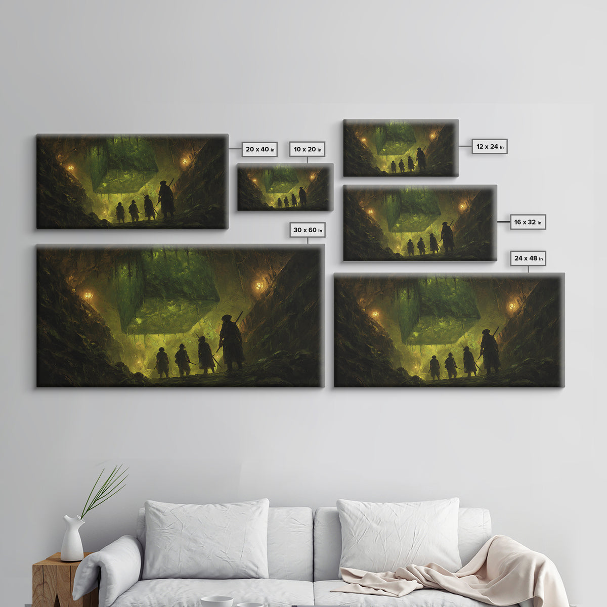 Adventurers Discover Floating Green Cube Canvas Print, Fantasy Cavern Wall Art, Dnd Decor, Gaming Room Art, Unique Gift Idea
