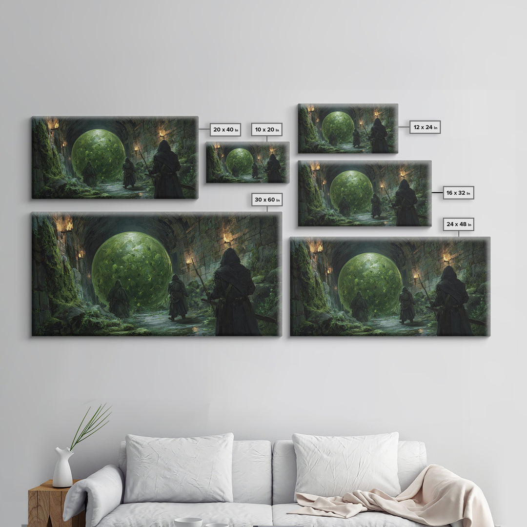 Cloaked Rangers Approach Green Orb Framed Canvas Print, Fantasy Dungeon Wall Art, Gothic Decor, Dnd Art, Gaming Room Decor