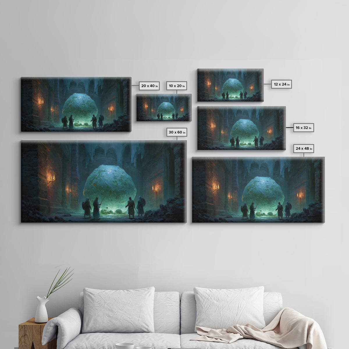 Icy Ruins With Glowing Blue Orb Wall Art, Fantasy Dungeon Landscape, Dark Academia Decor, Dnd Art Print, Gaming Room Art