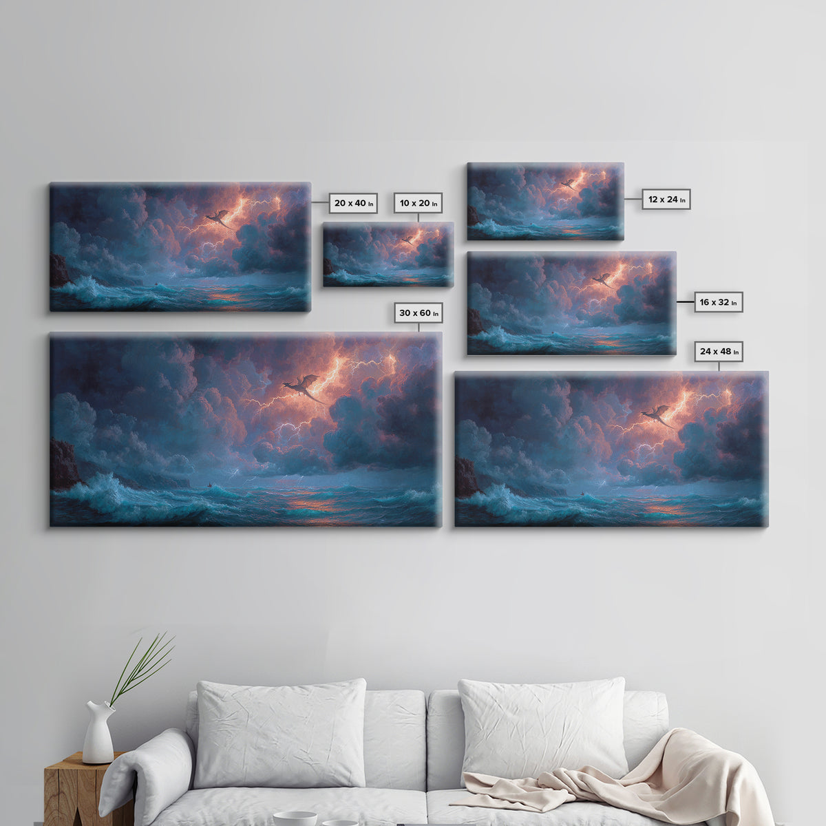 Stormy Ocean Dragon And Lightning Wall Art, Fantasy Seascape, Nautical Decor, Coastal Wall Art, Dramatic Fine Art Print, Home Decor